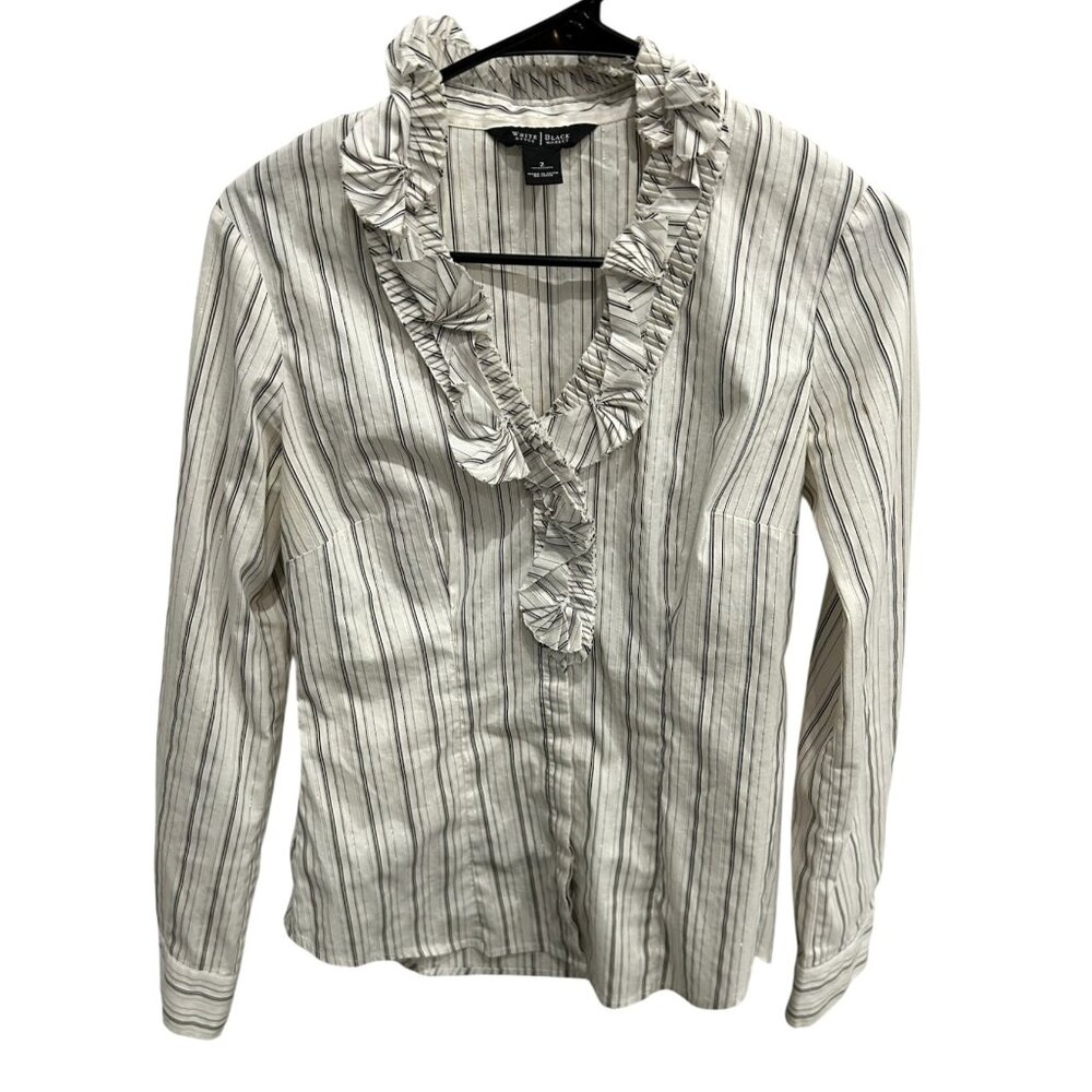 White House Black Market Striped Ruffle V Neck Blouse Top Long Sleeves Size 2